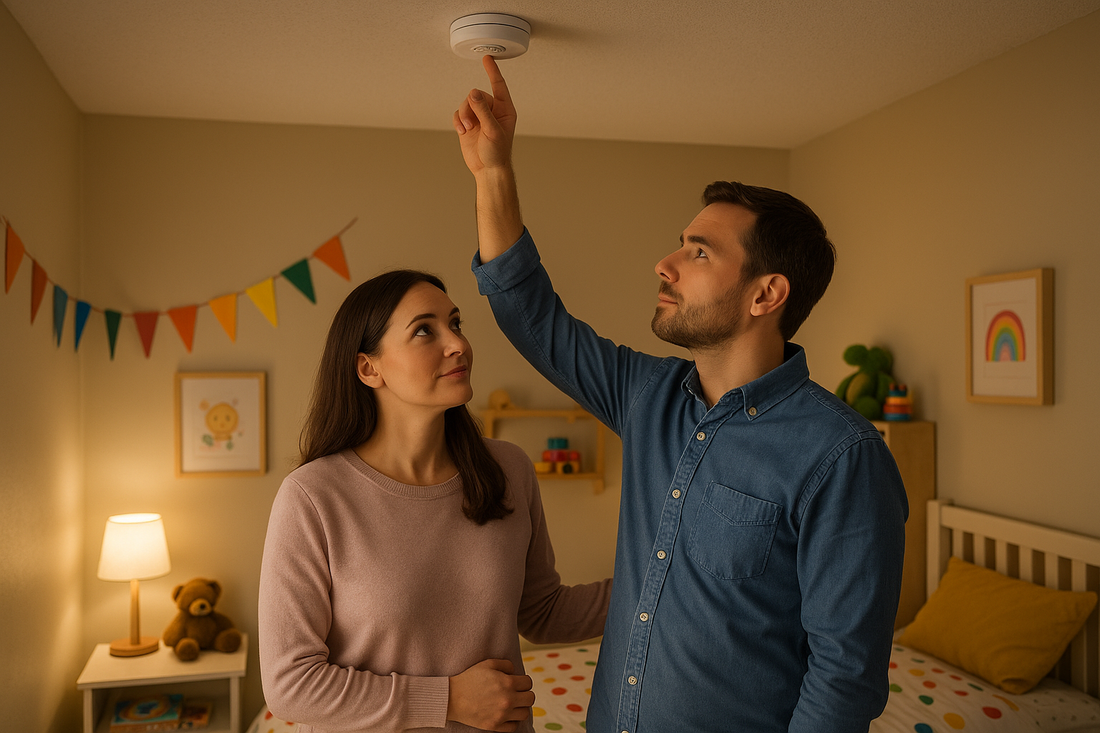 Mother and father are checking the smoke detector in the child’s bedroom for home safety.